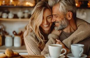 Happy Couple Embracing While Enjoying Coffee at Home photo