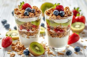 Fresh Fruit Granola Parfait With Kiwi and Strawberries photo