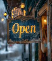 Rusty Open Sign Hanging in Rainy Window photo