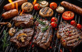 Grilled Steaks, Sausages, and Vegetables on a Charcoal Grill photo