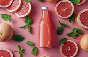 Fresh Grapefruit Juice Bottle With Halved Grapefruit and Mint Leaves on Pink Background photo