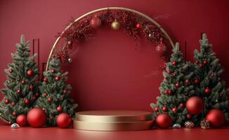 Festive Christmas Scene With Gold Podium and Decorated Trees photo