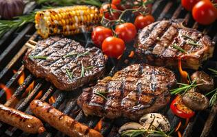 Grilled Steaks, Sausages, and Vegetables on a Charcoal Grill photo