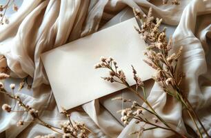 Blank White Envelope on Knit Fabric With Dried Flowers photo