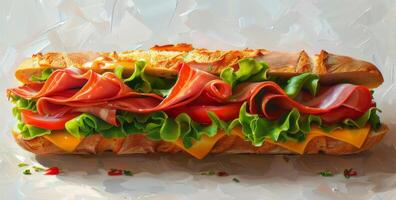 Freshly Made Ham, Tomato, and Cheese Sub Sandwich on White Background photo