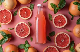Fresh Grapefruit Juice Bottle With Halved Grapefruit and Mint Leaves on Pink Background photo