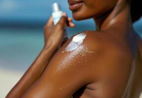 Woman Applying Sunscreen on a Beach on a Sunny Day photo
