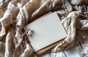 Blank White Envelope on Knit Fabric With Dried Flowers photo