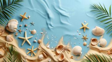 Seashells and Starfish on Blue Sand With Palm Leaves photo