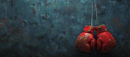 Red Boxing Gloves Hanging on Blue Wall photo