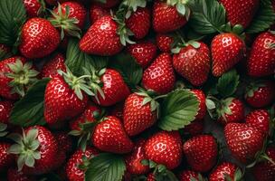 Freshly Picked Red Strawberries With Green Leaves photo
