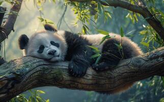 Giant Panda Resting on a Tree Branch in a Lush Forest photo