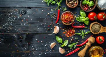 Fresh Ingredients Arranged Around Black Wooden Surface photo