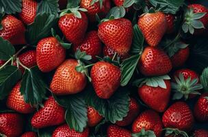 Freshly Picked Red Strawberries With Green Leaves photo