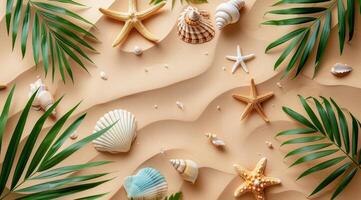 Palm Leaves, Seashells, and Starfish on Sand Beach photo