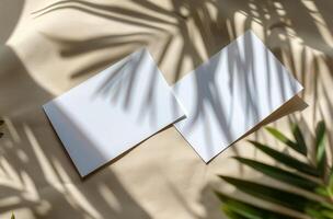 White Paper Mockup With Palm Leaf Shadows on Beige Fabric photo