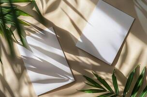 White Paper Mockup With Palm Leaf Shadows on Beige Fabric photo