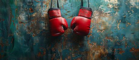Red Boxing Gloves Hanging on a Blue Wall photo