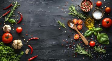 Fresh Ingredients Arranged Around Black Wooden Surface photo