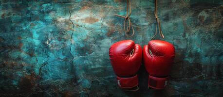 Red Boxing Gloves Hanging on a Blue Wall photo