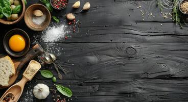 Rustic Wooden Tabletop With Kitchen Utensils, Spices, and Herbs photo