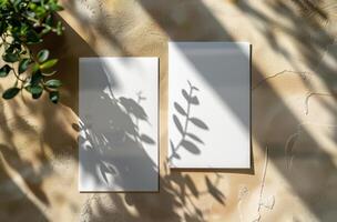 White Paper Mockup With Palm Leaf Shadows on Beige Fabric photo