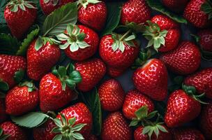 Freshly Picked Red Strawberries With Green Leaves photo