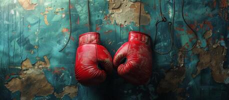 Red Boxing Gloves Hanging on a Blue Wall photo