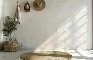 Straw Hat Hanging on White Wall With Dried Grass in a Wicker Vase in a Room With a Jute Rug photo