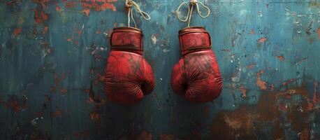 Red Boxing Gloves Hanging on Blue Wall photo