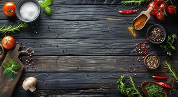 Rustic Wooden Tabletop With Kitchen Utensils, Spices, and Herbs photo