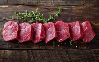 Raw Beef Steaks on Wooden Cutting Board With Thyme photo