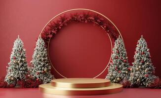 Festive Christmas Scene With Gold Podium and Decorated Trees photo