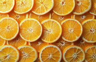 Freshly Sliced Oranges Arranged on Yellow Background photo