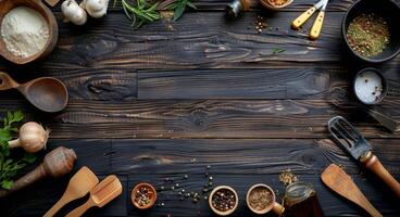 Rustic Wooden Tabletop With Kitchen Utensils, Spices, and Herbs photo