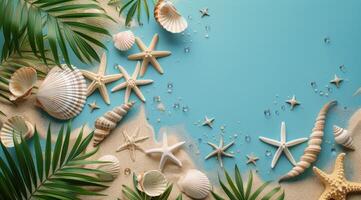 Seashells and Starfish on Blue Sand With Palm Leaves photo