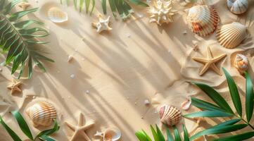 Palm Leaves, Seashells, and Starfish on Sand Beach photo