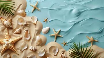 Seashells and Starfish on Blue Sand With Palm Leaves photo