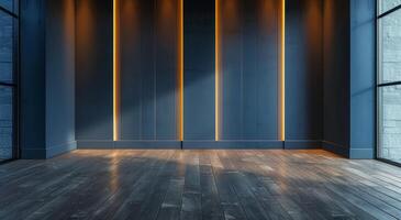Empty Room With Blue Walls and Wood Floor Under Light photo