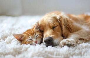 Golden Retriever and Kitten Sleeping Together on a Fluffy Rug photo