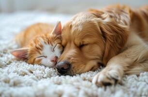 Golden Retriever and Kitten Sleeping Together on a Fluffy Rug photo