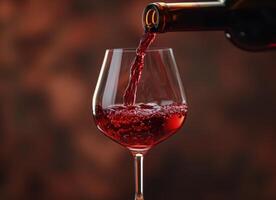 Red Wine Pouring Into a Glass Against a Red Background photo