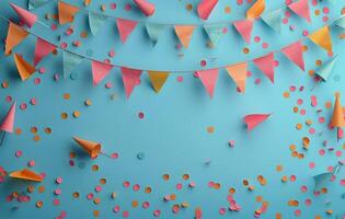 Colorful Confetti and Party Flags Falling on Blue Wall photo