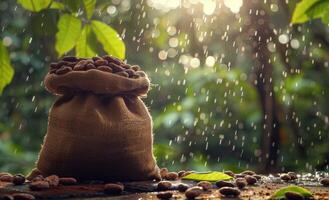 A Burlap Bag Filled With Cocoa Beans In A Lush Rainforest Setting photo
