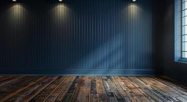 Empty Room With Blue Walls and Wood Floor Under Light photo