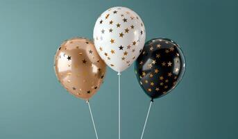 Three Star-Patterned Balloons Against Teal Background photo