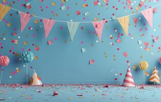 Colorful Confetti and Party Flags Falling on Blue Wall photo