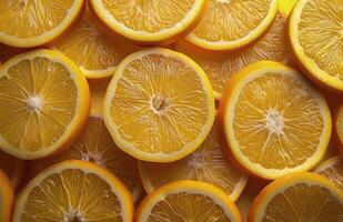 Freshly Sliced Oranges Arranged on Yellow Background photo