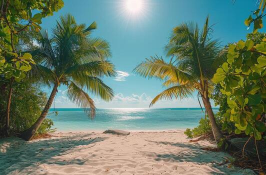 Palm Trees Framing A Sunny Beach Scene photo