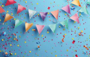 Colorful Party Banner With Confetti on Blue Background photo